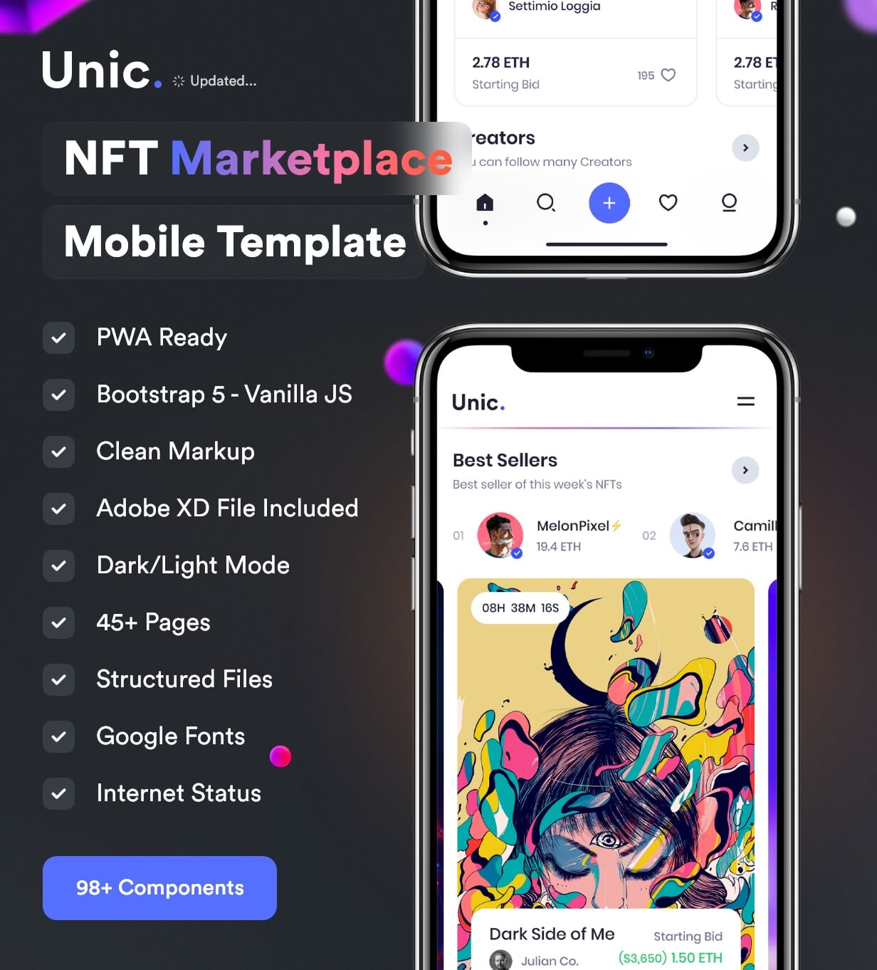 Unic – NFT Marketplace HTML Mobile Template - 1